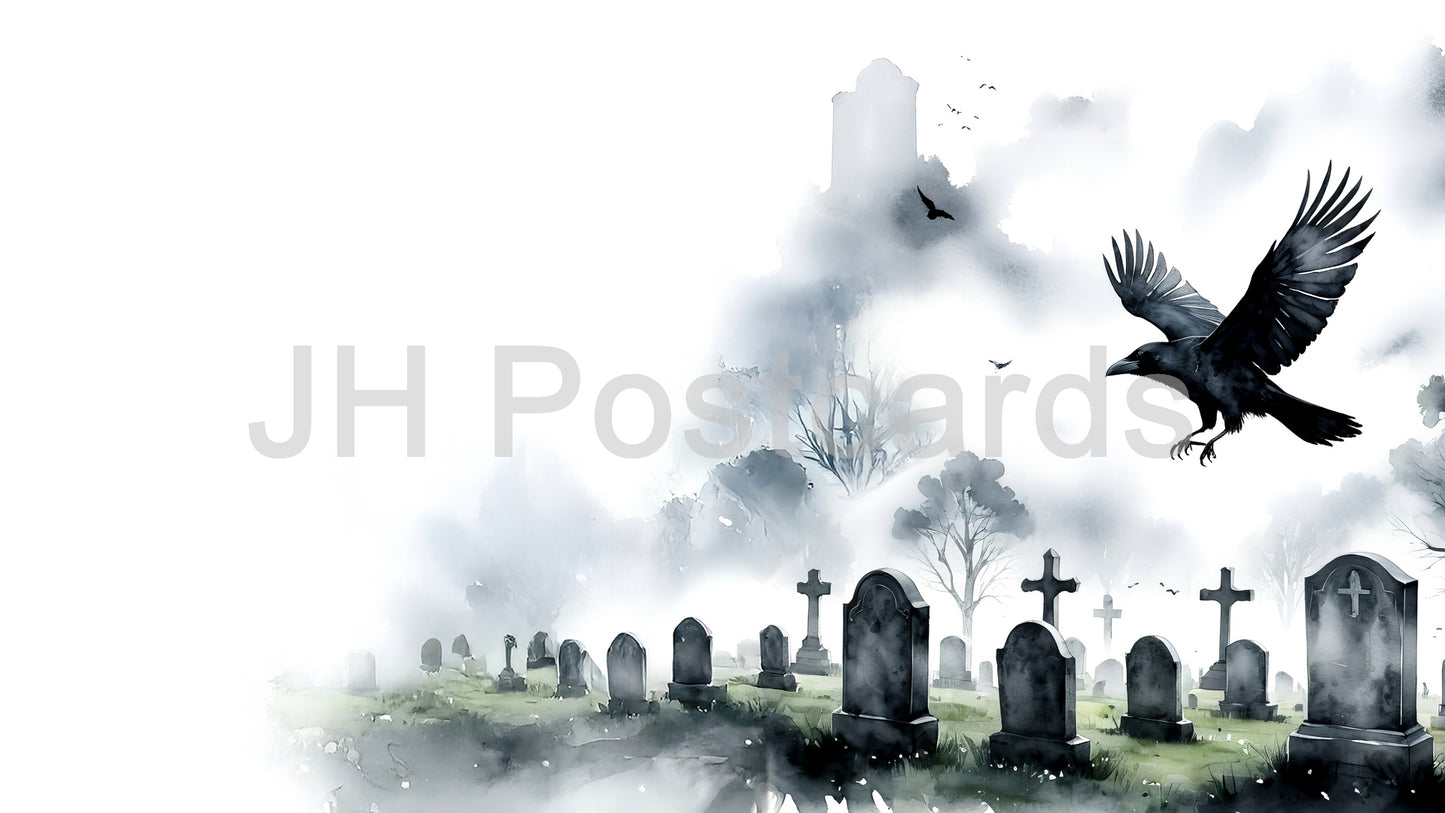 AI Image - Haunting Graveyard: A chilling watercolor painting of a misty graveyard, with a raven soaring overhead and a sense of impending doom. Halloween. Drawing. Art. Illustration. Copy Space. 3