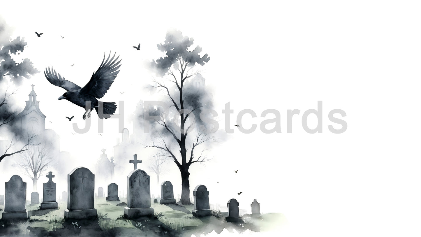 AI Image - Haunting Graveyard: A chilling watercolor painting of a misty graveyard, with a raven soaring overhead and a sense of impending doom. Halloween. Drawing. Art. Illustration. Copy Space. 1