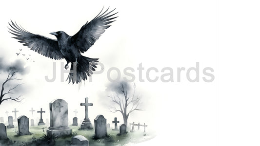 AI Image - Haunting Graveyard: A chilling watercolor painting of a misty graveyard, with a raven soaring overhead and a sense of impending doom. Halloween. Drawing. Art. Illustration. Copy Space. 2