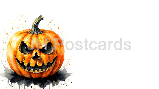 AI Image - Jack-o'-lantern Grin: A playful watercolor illustration of a grinning jack-o'-lantern. Halloween. Drawing. Art. Illustration. Copy Space. 1