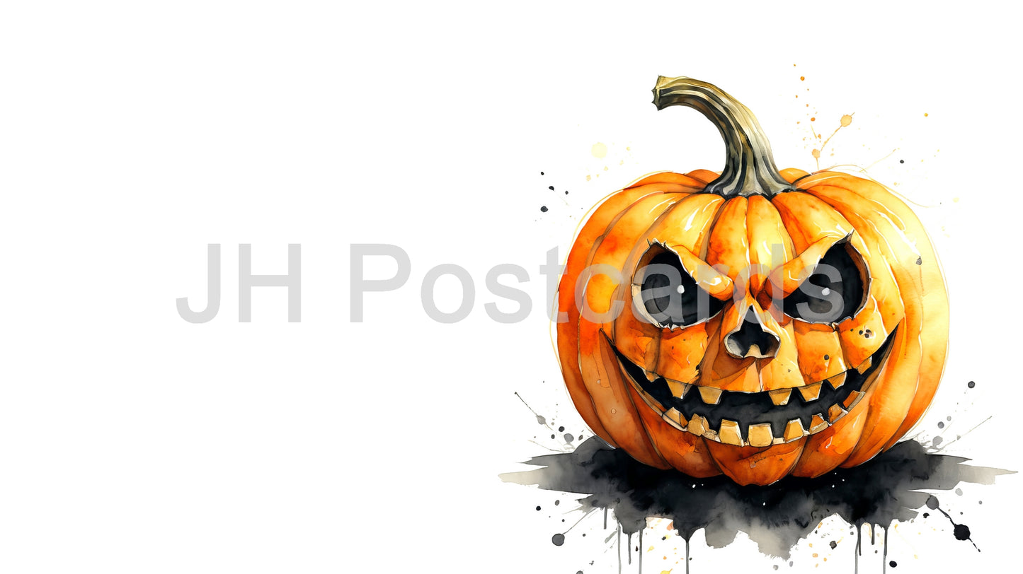 AI Image - Jack-o'-lantern Grin: A playful watercolor illustration of a grinning jack-o'-lantern. Halloween. Drawing. Art. Illustration. Copy Space. 2