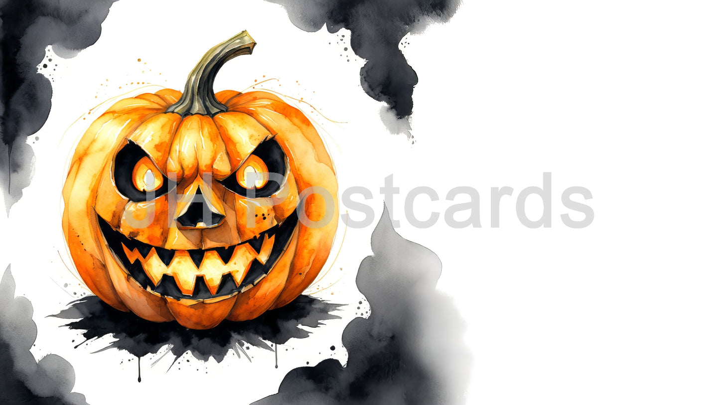 AI Image - Jack-o'-lantern Grin: A playful watercolor illustration of a grinning jack-o'-lantern. Halloween. Drawing. Art. Illustration. Copy Space. 3