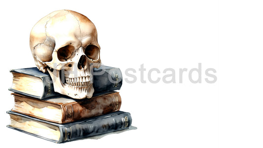 AI Image - Memento Mori: A Watercolor Study of Mortality and Learning - Death and knowledge, while also highlighting the beautiful watercolor technique. Halloween. Drawing. Art. Illustration. Copy Space. 1