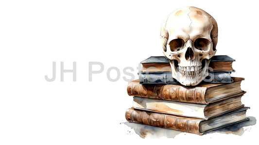 AI Image - Memento Mori: A Watercolor Study of Mortality and Learning - Death and knowledge, while also highlighting the beautiful watercolor technique. Halloween. Drawing. Art. Illustration. Copy Space. 2