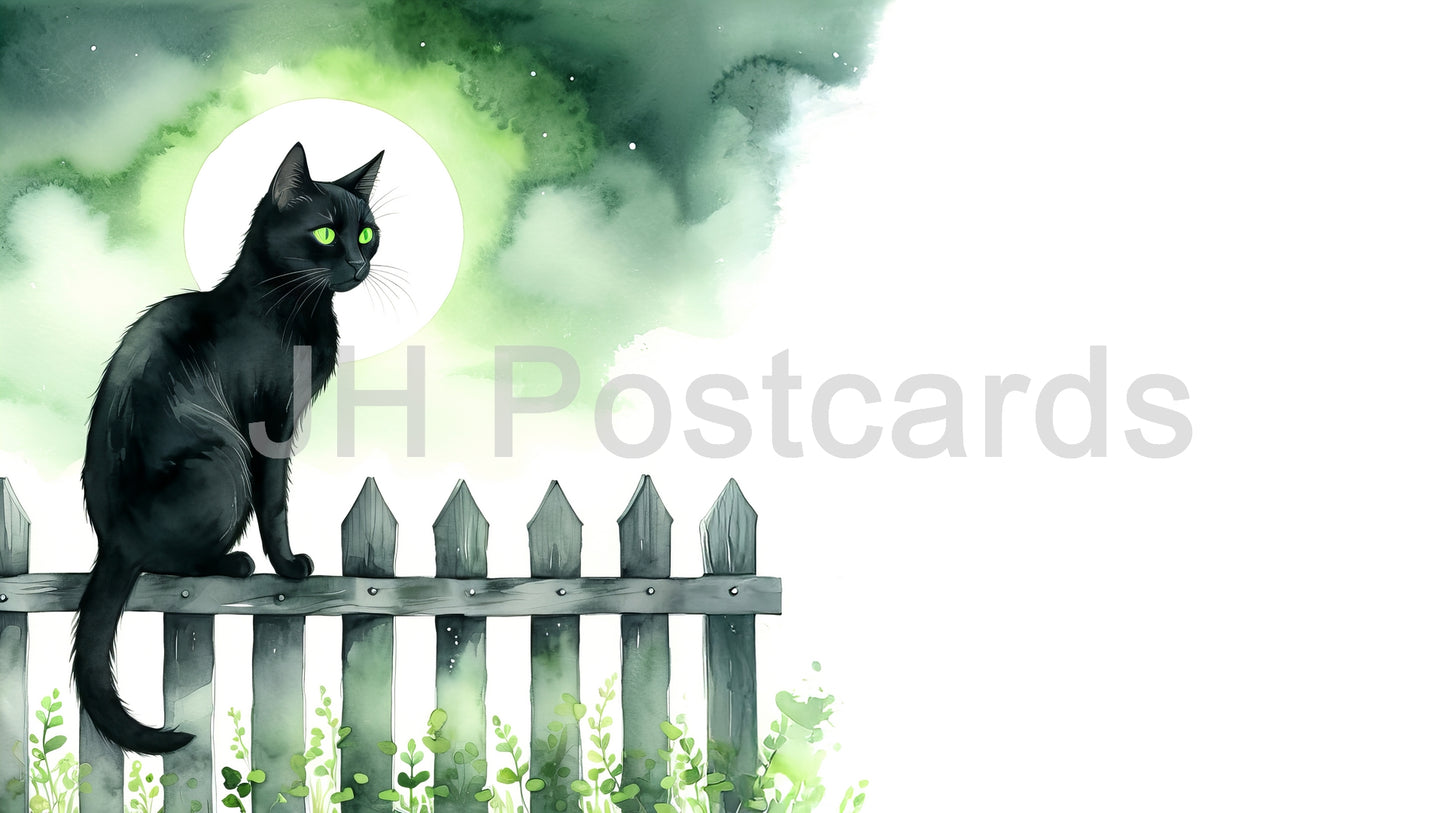 AI Image - A Watcher in the Night: A Haunting Watercolor of a Black Cat - mystery, haunting. Halloween. Drawing. Art. Illustration. Copy Space. 1