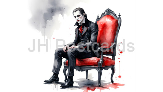 Image AI - Le seigneur vampire, élégamment posé sur un trône rouge sang, respire l'élégance sombre avec son costume élégant et sa peau pâle. Aquarelle. Halloween. Dessin. Art. Illustration. Espace de copie. 3