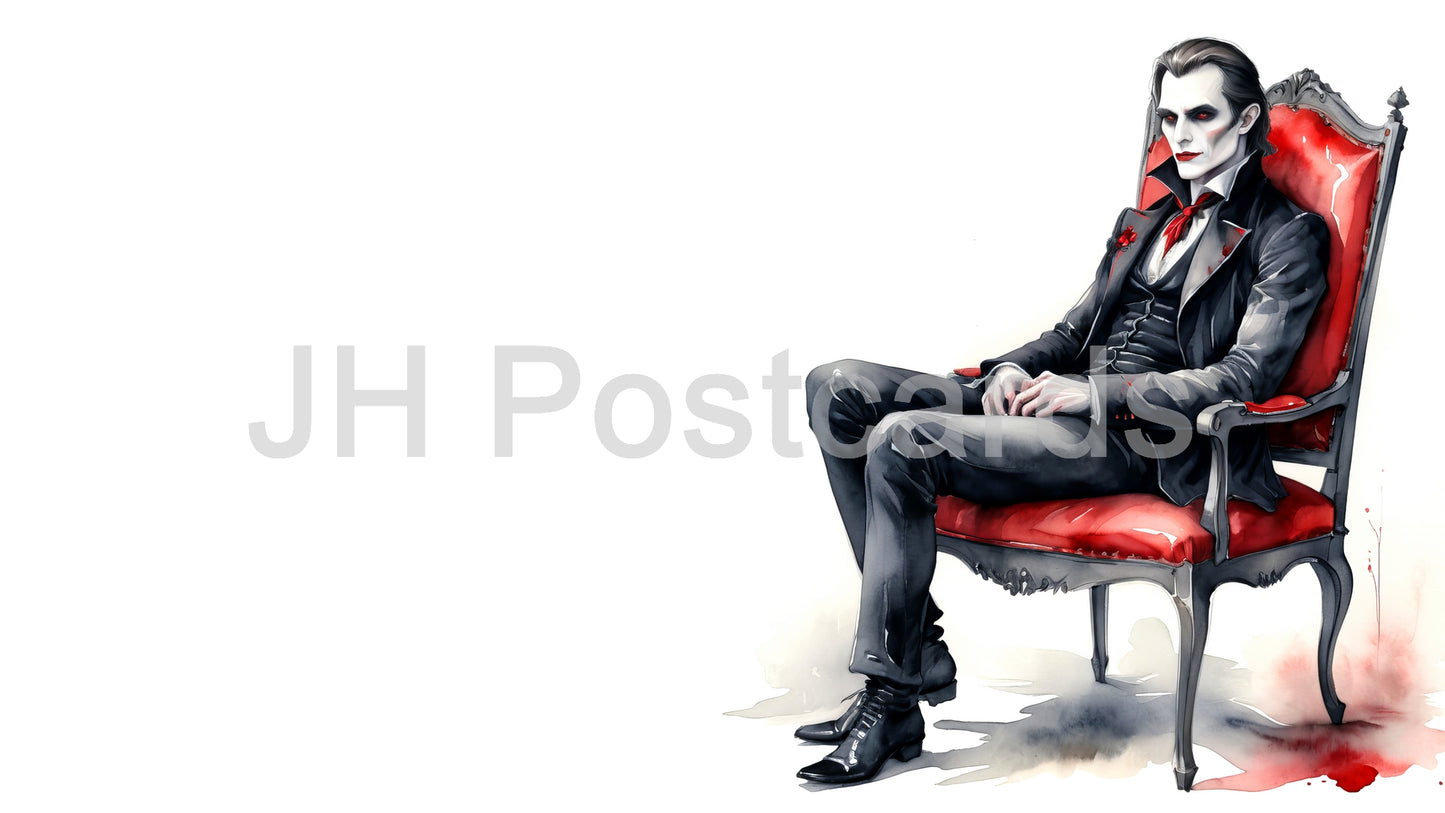 AI Image - The vampire lord, elegantly poised on a blood-red throne, exudes dark elegance with his sharp suit and pale skin. Watercolor. Halloween. Drawing. Art. Illustration. Copy Space. 1