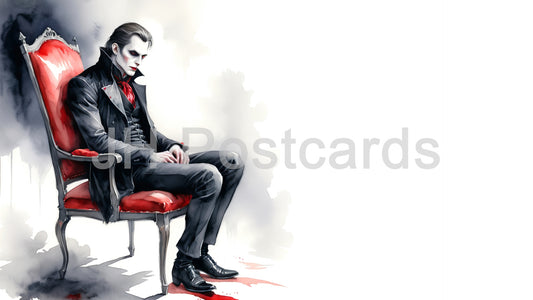 Image AI - Le seigneur vampire, élégamment posé sur un trône rouge sang, respire l'élégance sombre avec son costume élégant et sa peau pâle. Aquarelle. Halloween. Dessin. Art. Illustration. Espace de copie. 2