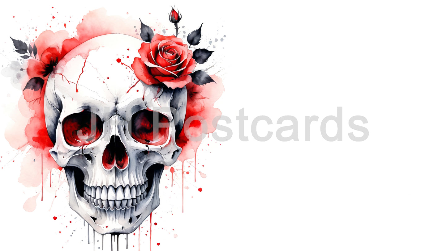 AI Image - Floral Skull: A striking watercolor painting of a human skull adorned with vibrant red roses. Halloween. Drawing. Art. Illustration. Copy Space. Rose. 4