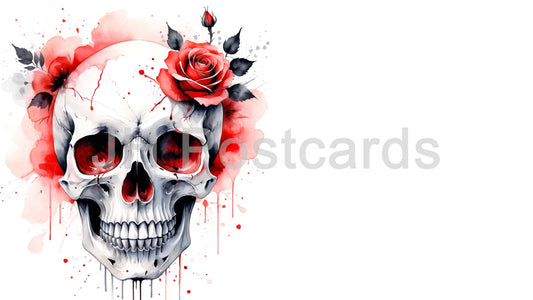 AI Image - Floral Skull: A striking watercolor painting of a human skull adorned with vibrant red roses. Halloween. Drawing. Art. Illustration. Copy Space. Rose. 4