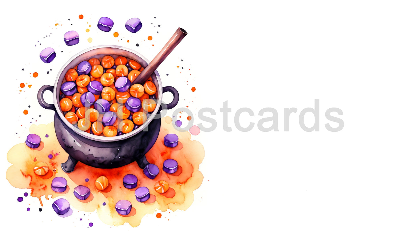 AI Image - A Bewitching Brew of Halloween Treats: A delightful watercolor painting of a bubbling cauldron filled with colorful candies. Halloween. Drawing. Art. Illustration. Copy Space. 2