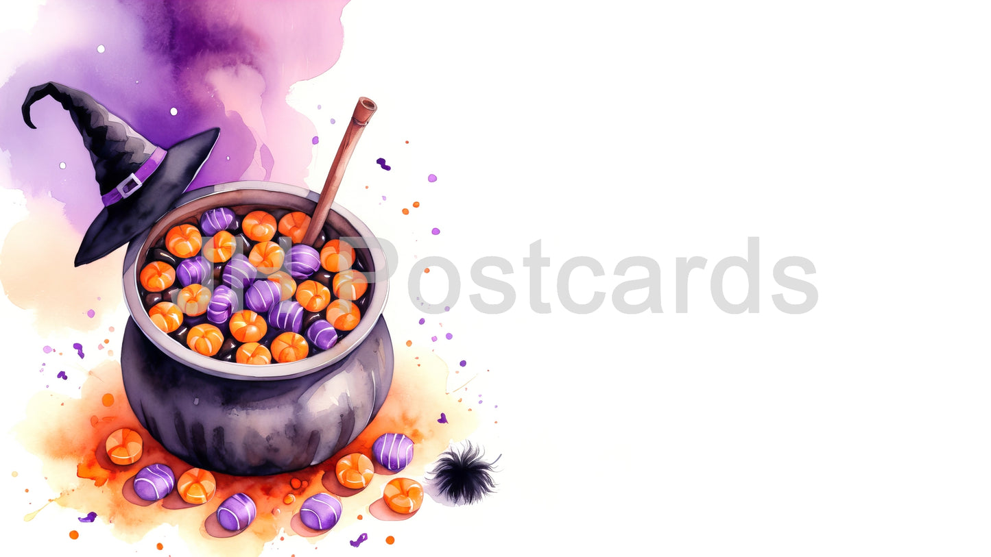 AI Image - A Bewitching Brew of Halloween Treats: A delightful watercolor painting of a bubbling cauldron filled with colorful candies. Halloween. Drawing. Art. Illustration. Copy Space. 1