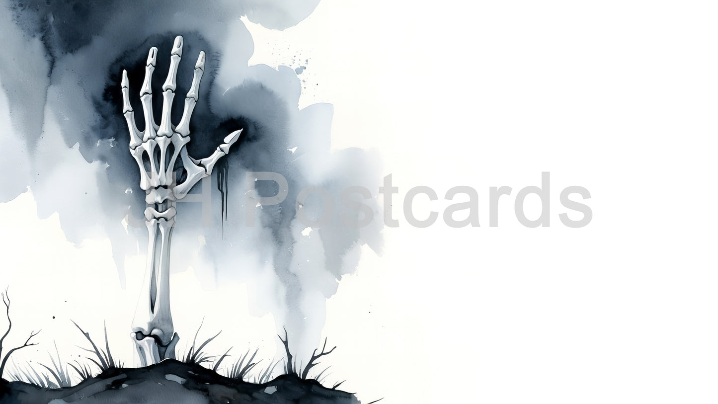 AI Image - A Skeletal Reach for Salvation: A haunting watercolor painting of a skeletal hand emerging from the ground. Halloween. Drawing. Art. Illustration. Copy Space.