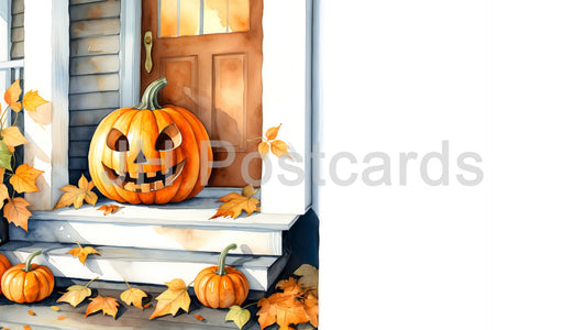 AI Image - A Warm Welcome for Halloween: A cheerful watercolor painting of a carved pumpkin sitting on a porch step, surrounded by colorful autumn leaves. Halloween. Drawing. Art. Illustration. Copy Space. 2