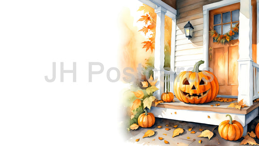 AI Image - A Warm Welcome for Halloween: A cheerful watercolor painting of a carved pumpkin sitting on a porch step, surrounded by colorful autumn leaves. Halloween. Drawing. Art. Illustration. Copy Space. 1