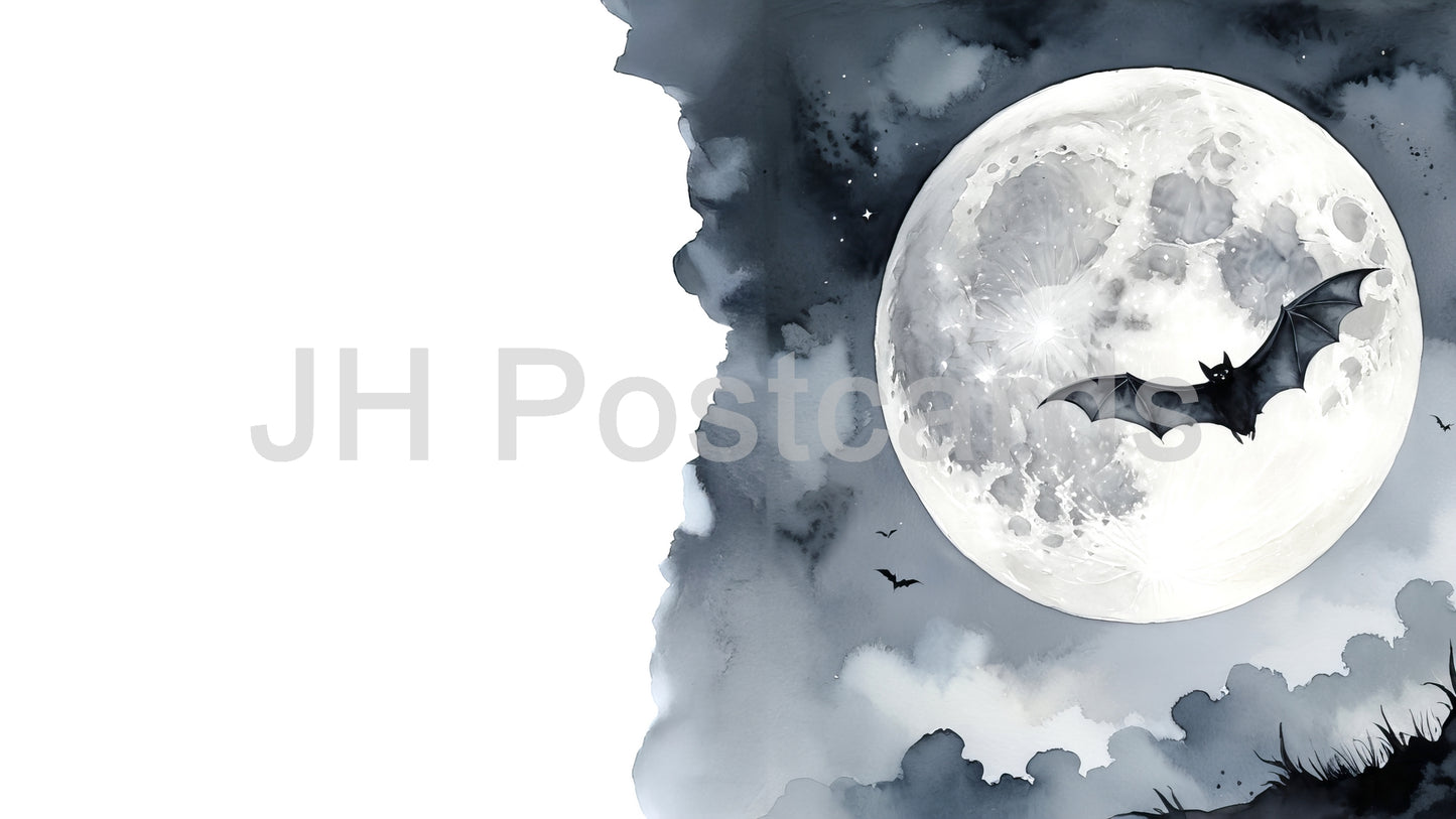 Image AI - Ombres célestes dans l'obscurité : une image spectaculaire d'une chauve-souris planant dans un ciel étoilé, sa silhouette se détachant sur la pâle lueur d'une pleine lune. Halloween. Dessin. Art. Illustration. Espace de copie. 2