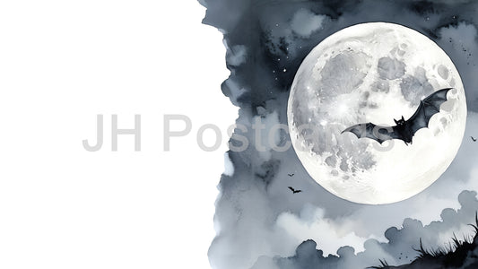 AI Image - Celestial Shadows in the Dark: A dramatic image of a bat soaring through a starlit sky, its silhouette cast against the pale glow of a full moon. Halloween. Drawing. Art. Illustration. Copy Space. 2