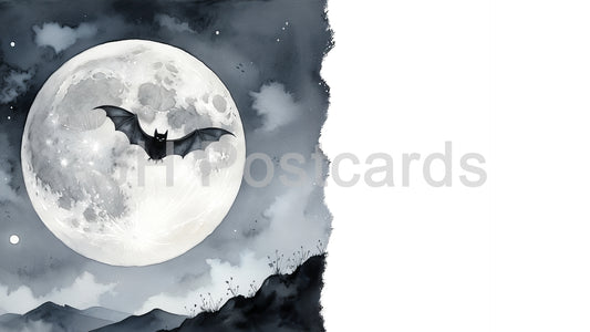 AI Image - Celestial Shadows in the Dark: A dramatic image of a bat soaring through a starlit sky, its silhouette cast against the pale glow of a full moon. Halloween. Drawing. Art. Illustration. Copy Space. 1