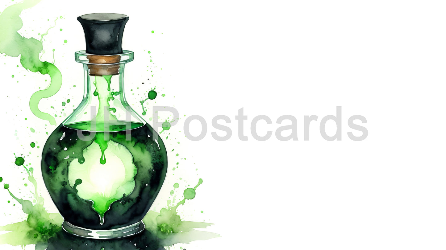 Image AI - Un élixir mystérieux aux pouvoirs inconnus : une aquarelle captivante d'une bouteille de potion remplie d'un liquide vert vibrant. Halloween. Dessin. Art. Illustration. Espace de copie. 2