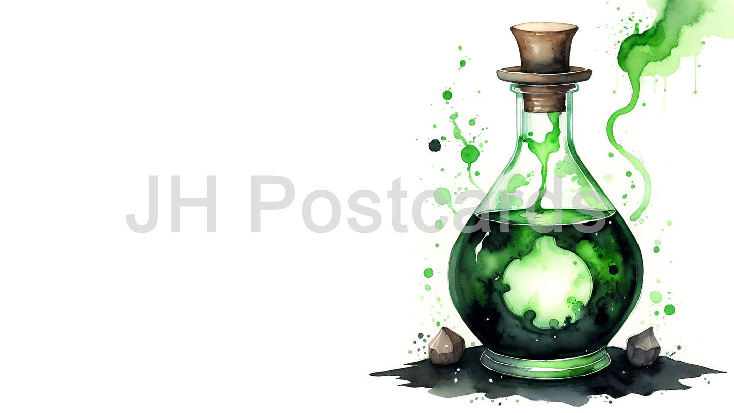 AI Image - A Mysterious Elixir of Unknown Powers: A captivating watercolor painting of a potion bottle filled with a vibrant green liquid.Halloween. Drawing. Art. Illustration. Copy Space. 1