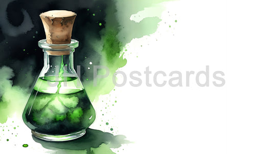 AI Image - A Mysterious Elixir of Unknown Powers: A captivating watercolor painting of a potion bottle filled with a vibrant green liquid.Halloween. Drawing. Art. Illustration. Copy Space. 3