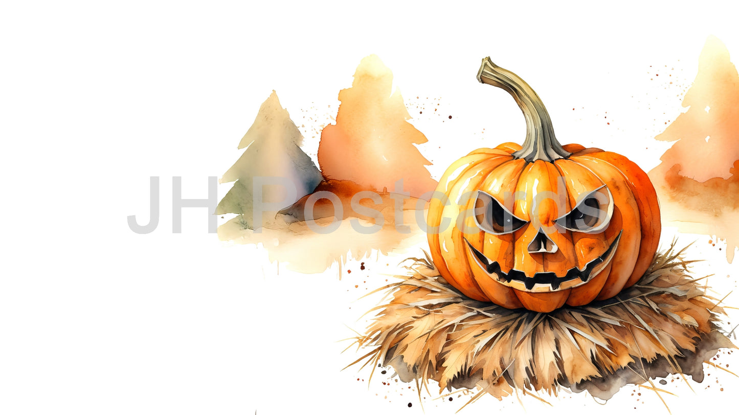 AI Image - A Haystack Surprise: A delightful watercolor painting of a carved pumpkin perched atop a mound of hay, surrounded by smaller pumpkins. Halloween Drawing. Art. Illustration. Copy Space. 1