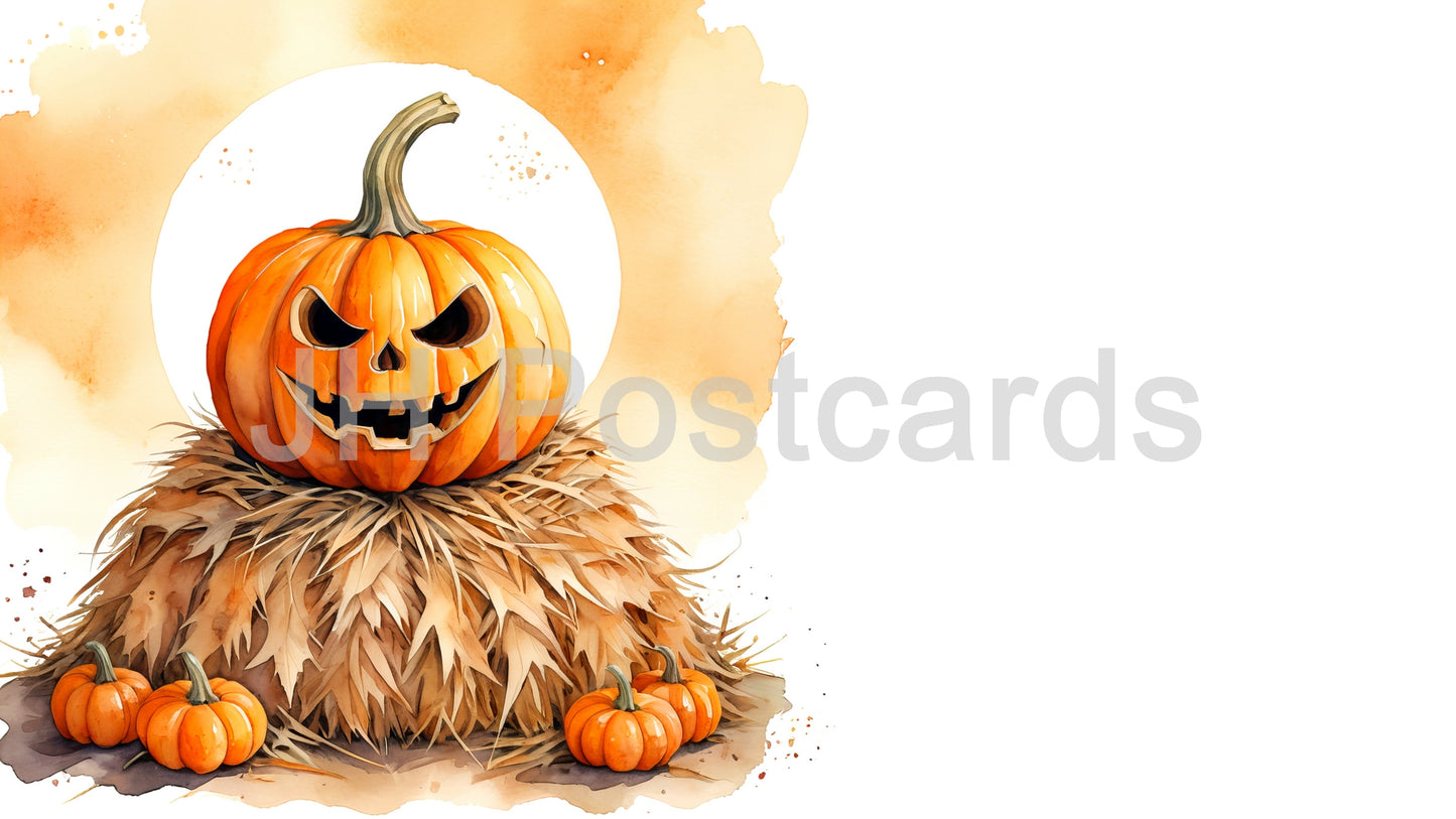 AI Image - A Haystack Surprise: A delightful watercolor painting of a carved pumpkin perched atop a mound of hay, surrounded by smaller pumpkins. Halloween Drawing. Art. Illustration. Copy Space. 2