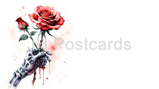 AI Image - A Skeletal Hand's Crimson Gift: A haunting watercolor painting of a skeletal hand holding a vibrant red rose, dripping with blood. Halloween. Drawing. Art. Illustration. Copy Space. 1