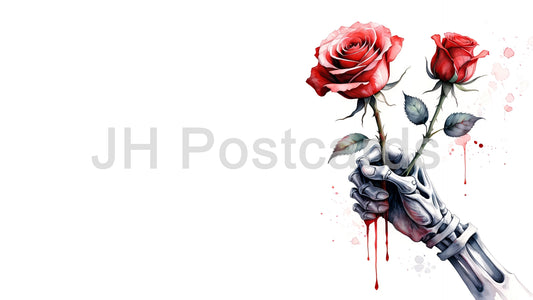 AI Image - A Skeletal Hand's Crimson Gift: A haunting watercolor painting of a skeletal hand holding a vibrant red rose, dripping with blood. Halloween. Drawing. Art. Illustration. Copy Space. 2