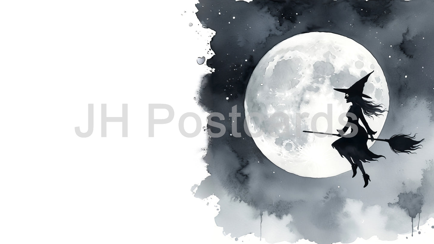 AI Image - A haunting watercolor painting of a witch silhouetted against a luminous full moon, capturing the mystery of the night sky. Halloween. Drawing. Art. Illustration. Copy Space. 1