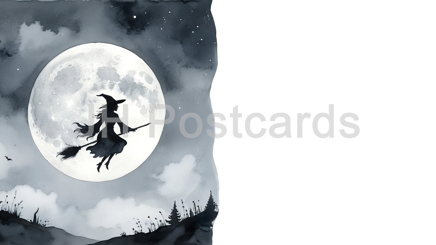 AI Image - A haunting watercolor painting of a witch silhouetted against a luminous full moon, capturing the mystery of the night sky. Halloween. Drawing. Art. Illustration. Copy Space. 2