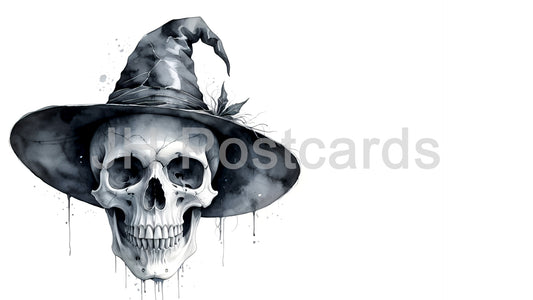 AI Image - A Skeletal Witch's Hat: A haunting watercolor painting of a skull adorned with a witch's hat. Halloween. Drawing. Art. Illustration. Copy Space. 1