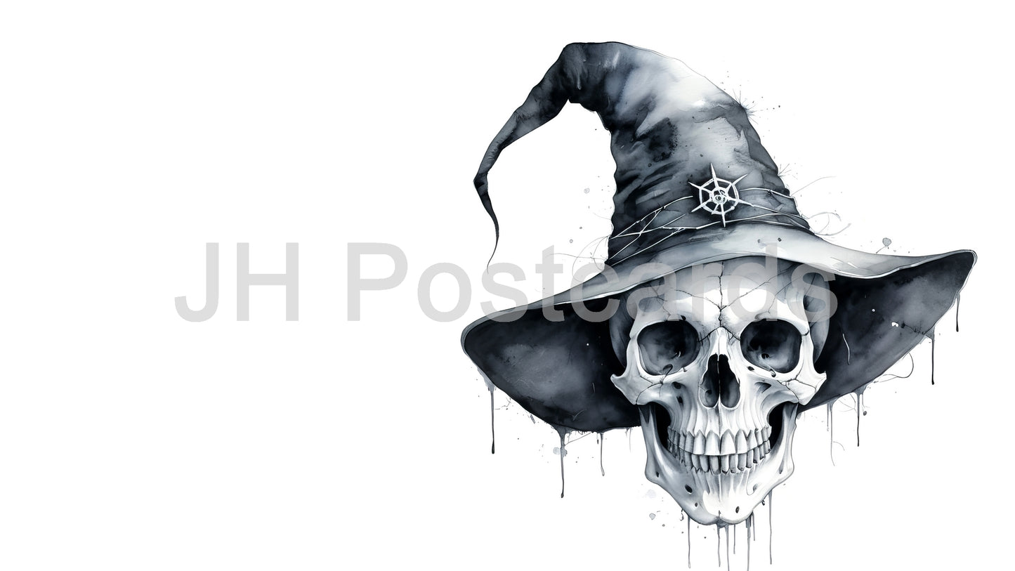 AI Image - A Skeletal Witch's Hat: A haunting watercolor painting of a skull adorned with a witch's hat. Halloween. Drawing. Art. Illustration. Copy Space. 2