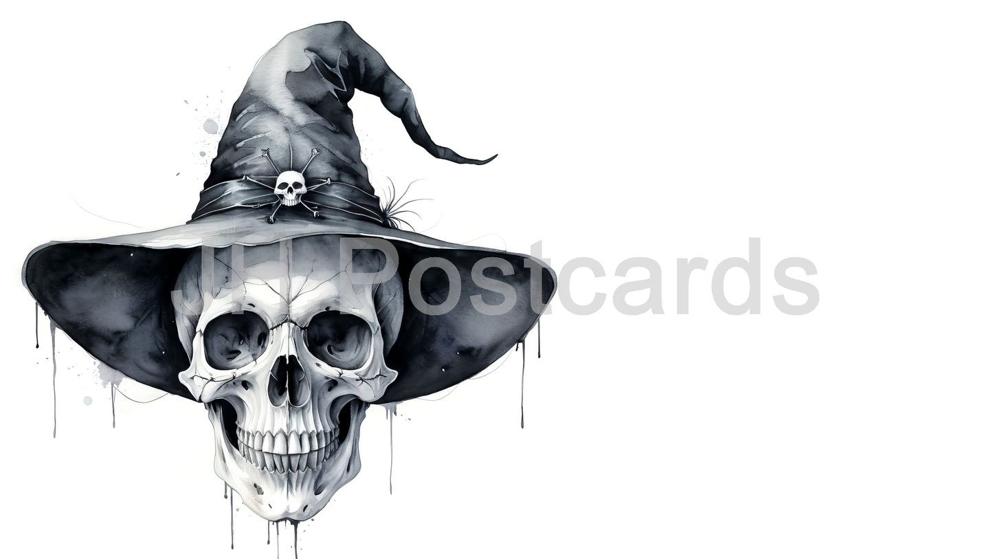 AI Image - A Skeletal Witch's Hat: A haunting watercolor painting of a skull adorned with a witch's hat. Halloween. Drawing. Art. Illustration. Copy Space. 3