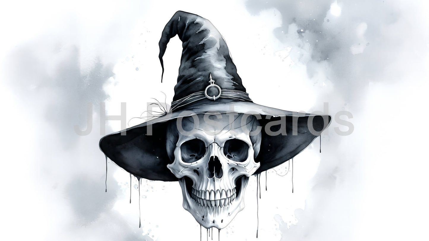 Image AI - Un chapeau de sorcière squelettique : Une aquarelle envoûtante d'un crâne orné d'un chapeau de sorcière. Halloween. Dessin. Art. Illustration. 4