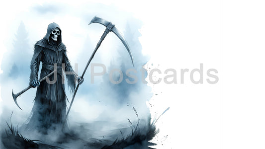 AI Image - The Grim Reaper's Footstep: A haunting watercolor painting of the Grim Reaper standing in a misty forest, his scythe held high. Halloween. Drawing. Art. Illustration. Copy Space.