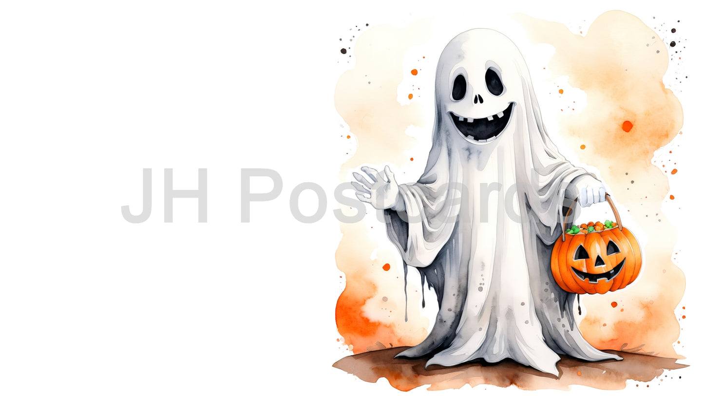 AI Image - A Friendly Ghostly Trick-or-Treater: A cheerful watercolor painting of a friendly ghost holding a carved pumpkin. Halloween. Drawing. Art. Illustration. Copy Space. 4