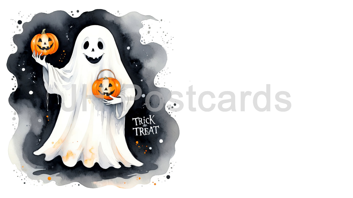 AI Image - A Friendly Ghostly Trick-or-Treater: A cheerful watercolor painting of a friendly ghost holding a carved pumpkin. Halloween. Drawing. Art. Illustration. Copy Space. 1