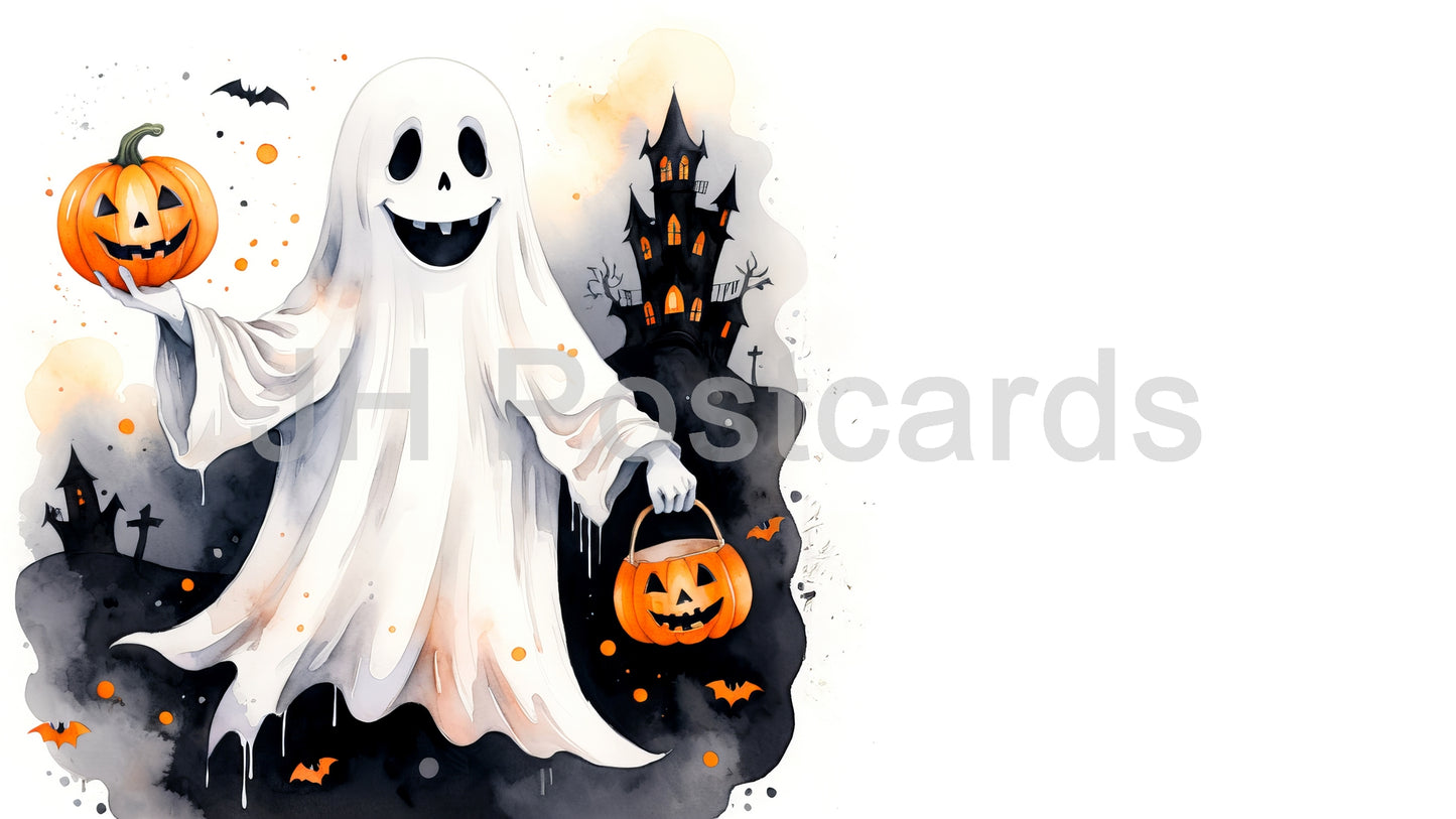 AI Image - A Friendly Ghostly Trick-or-Treater: A cheerful watercolor painting of a friendly ghost holding a carved pumpkin. Halloween. Drawing. Art. Illustration. Copy Space. 2