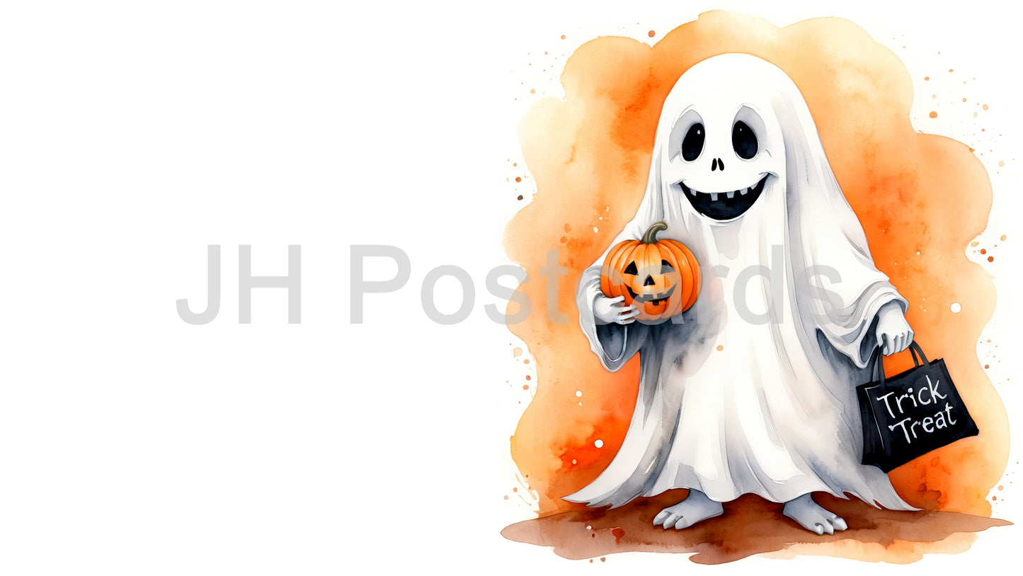 AI Image - A Friendly Ghostly Trick-or-Treater: A cheerful watercolor painting of a friendly ghost holding a carved pumpkin. Halloween. Drawing. Art. Illustration. Copy Space. 3