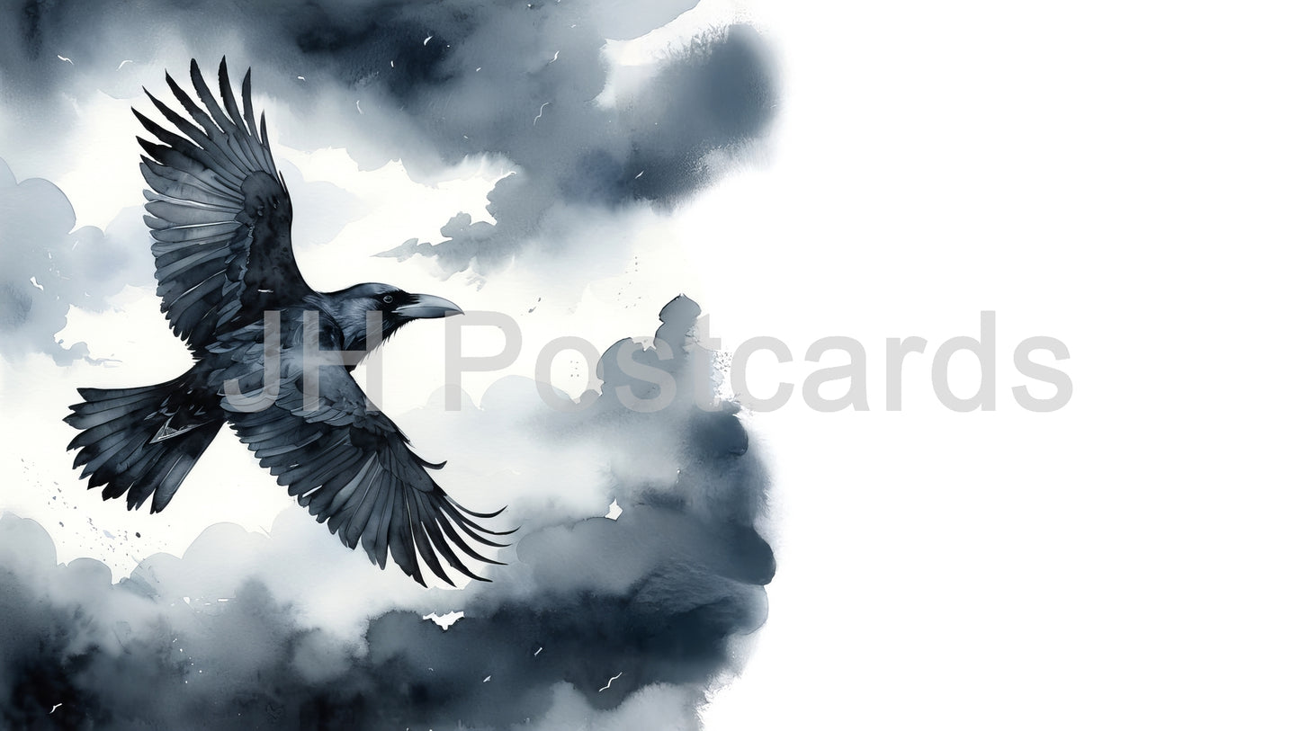 AI Image - A Raven's Journey Through the Clouds: A captivating watercolor painting of a raven gliding effortlessly through a swirling sky. Halloween. Drawing. Art. Illustration. Copy Space. 2