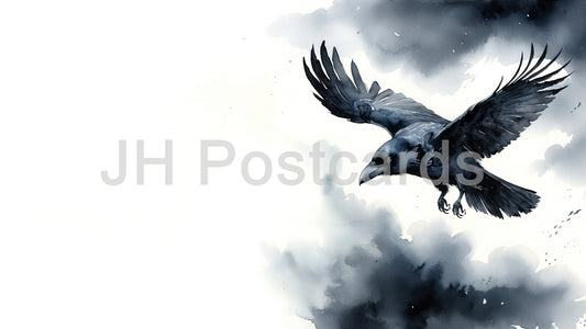 AI Image - A Raven's Journey Through the Clouds: A captivating watercolor painting of a raven gliding effortlessly through a swirling sky. Halloween. Drawing. Art. Illustration. Copy Space. 1