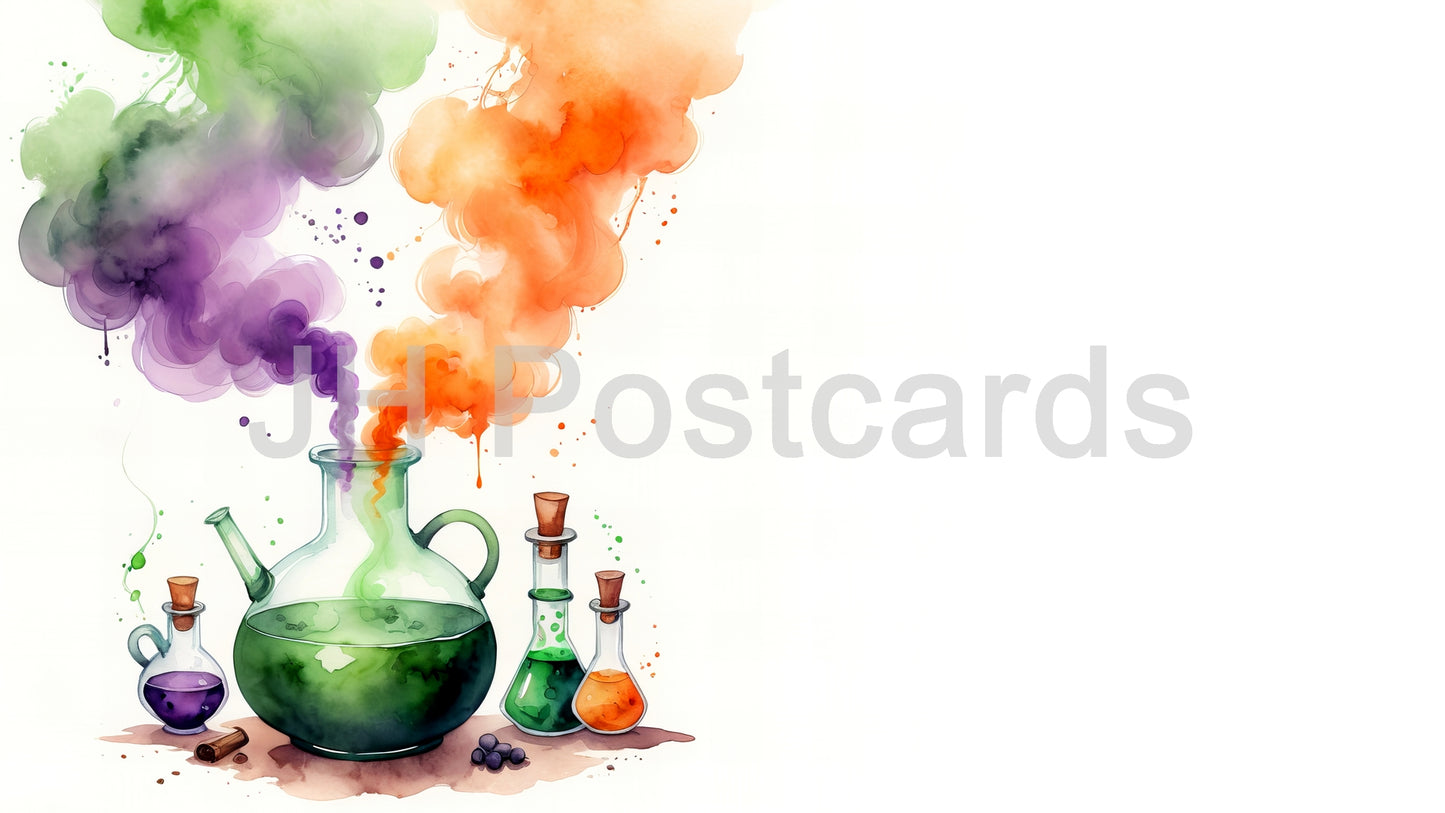 AI Image - A Magical Potion Laboratory: A captivating watercolor painting of a collection of potion bottles filled with vibrant colors. Halloween. Drawing. Art. Illustration. Copy Space. 2