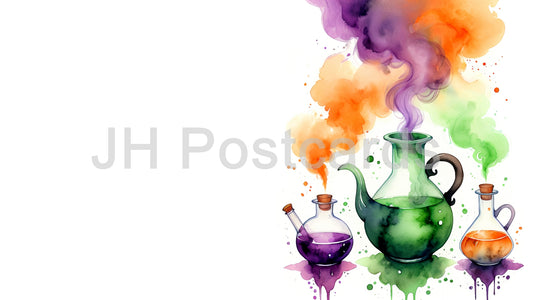 Image AI - Un laboratoire de potions magiques : une aquarelle captivante représentant une collection de bouteilles de potions remplies de couleurs vives. Halloween. Dessin. Art. Illustration. Espace de copie. 1