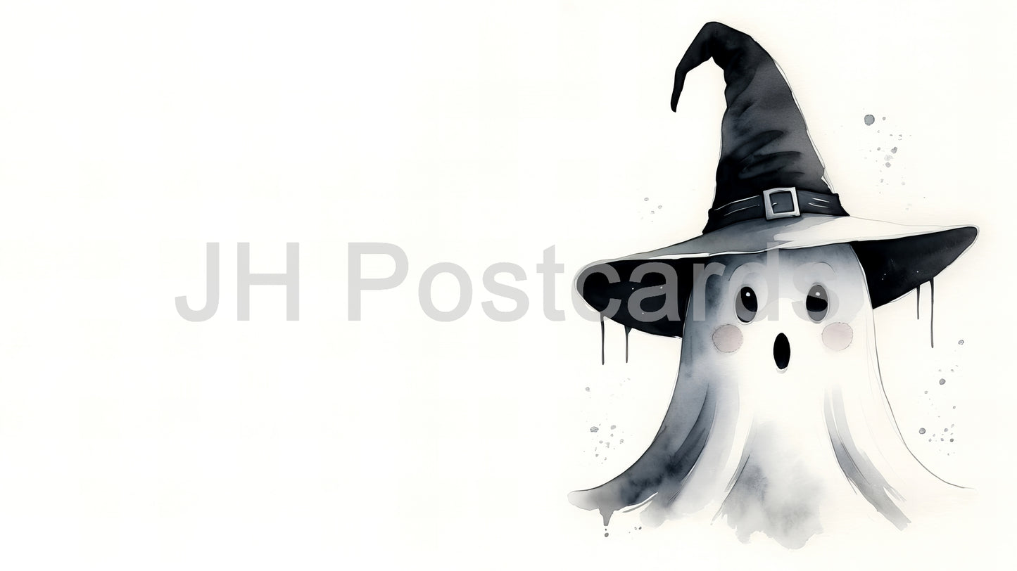 AI Image - A Spooky Surprise: The Ghostly Witch A delightful watercolor painting of a friendly ghost wearing a witch's hat. Halloween. Drawing. Art. Illustration. Copy Space. 3