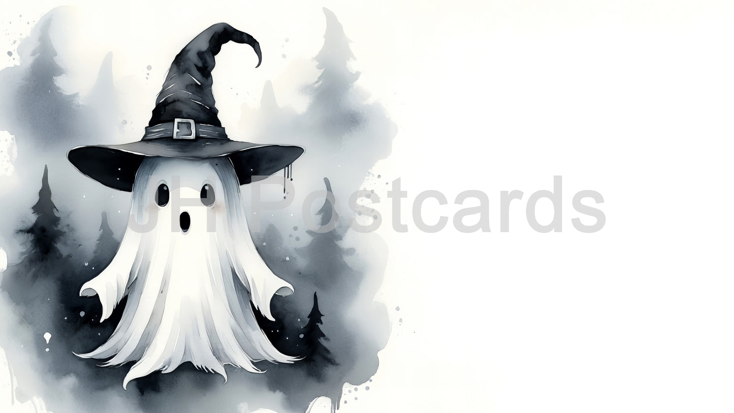 AI Image - A Spooky Surprise: The Ghostly Witch A delightful watercolor painting of a friendly ghost wearing a witch's hat. Halloween. Drawing. Art. Illustration. Copy Space. 1