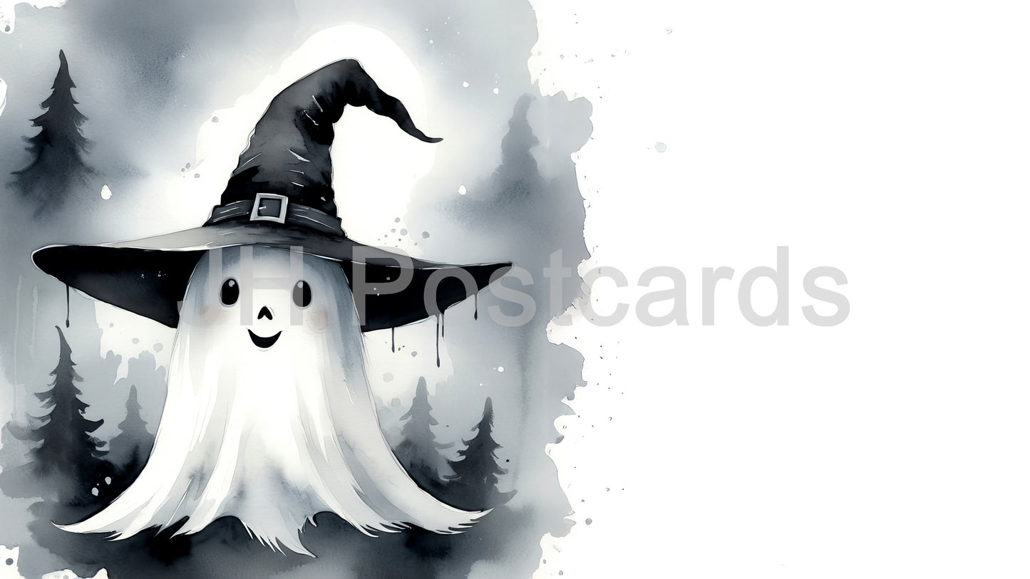 AI Image - A Spooky Surprise: The Ghostly Witch A delightful watercolor painting of a friendly ghost wearing a witch's hat. Halloween. Drawing. Art. Illustration. Copy Space. 2