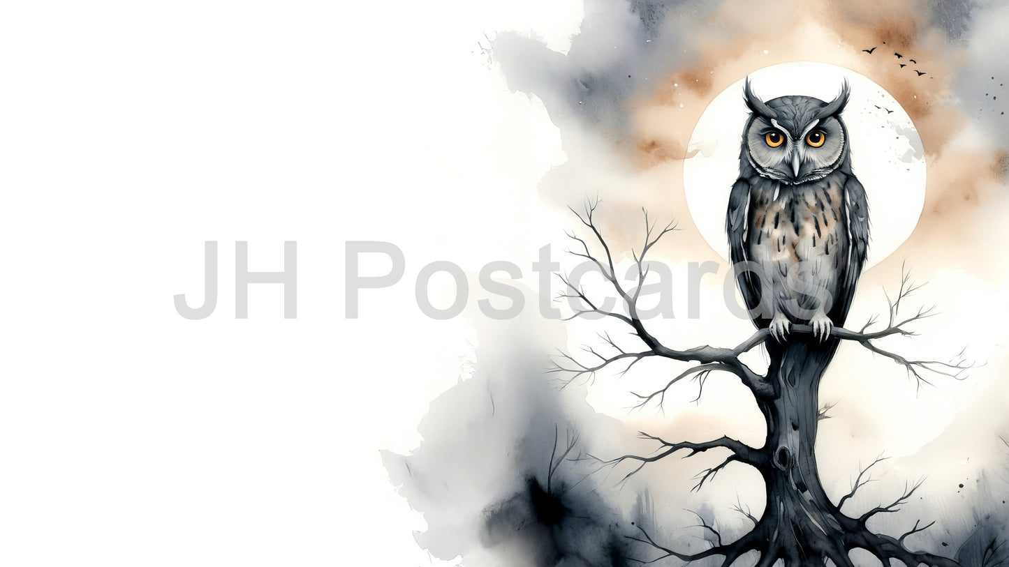 AI Image - The Watchful Eye of the Night: A haunting watercolor painting of an owl perched on a tree branch, gazing at the moon. Halloween. Drawing. Art. Illustration. Copy Space. 1