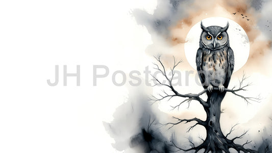 AI Image - The Watchful Eye of the Night: A haunting watercolor painting of an owl perched on a tree branch, gazing at the moon. Halloween. Drawing. Art. Illustration. Copy Space. 1