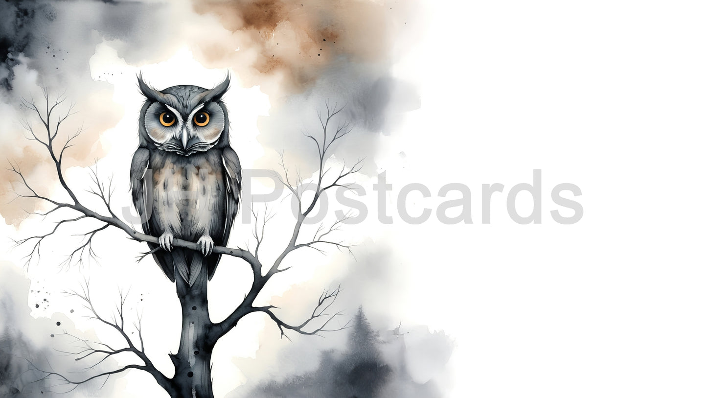 AI Image - The Watchful Eye of the Night: A haunting watercolor painting of an owl perched on a tree branch, gazing at the moon. Halloween. Drawing. Art. Illustration. Copy Space. 2